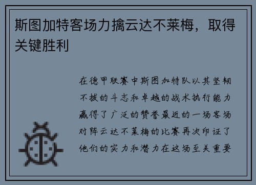 斯图加特客场力擒云达不莱梅，取得关键胜利