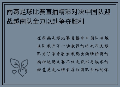 雨燕足球比赛直播精彩对决中国队迎战越南队全力以赴争夺胜利