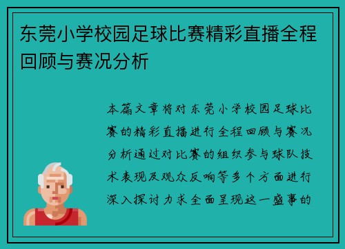 东莞小学校园足球比赛精彩直播全程回顾与赛况分析